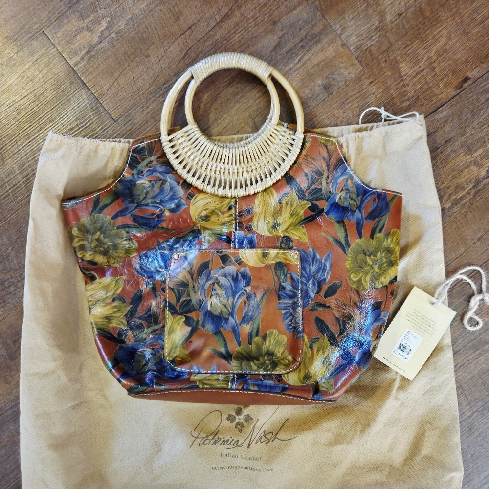 Patricia Nash Enlightened Garden Milan Italy Leather Wicker Handle Purse Handbag